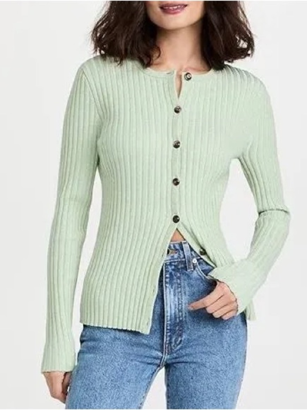 Tory Burch Metallic Lurex Striped Mint Green Ribbed Button-Front Cardigan Large